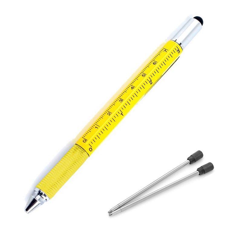 AIYIBEN Multifunction Tool Pen, 6 in 1 Tool with Ballpoint Pen, Touch Screen Stylus, Ruler, Spirit Level, Flat-head and Phillips Screwdriver, All-in-One Tech-Tool Pen with Ink Refills (Yellow + 2Ã—Refills) - Image 1